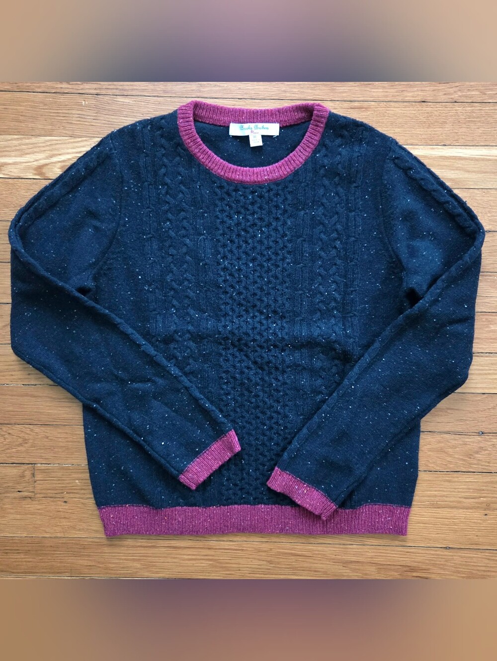 Brooks Brothers Fleece Kids Wool Blend Navy Cable Knit Contrast Crewneck Sweater